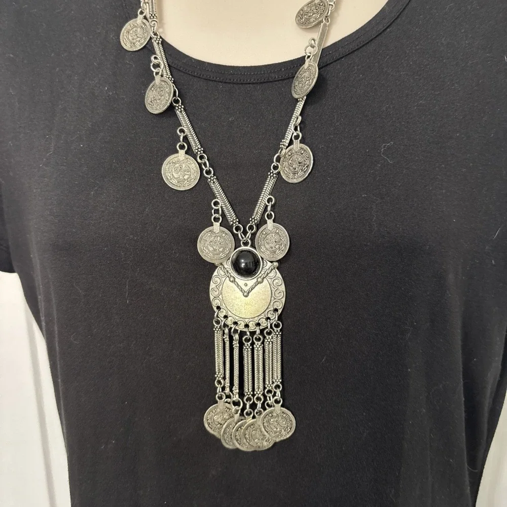 Vtg Boho Silver Coin Tassel Statement Necklace Bracelet Gypsy Festival Jewelry